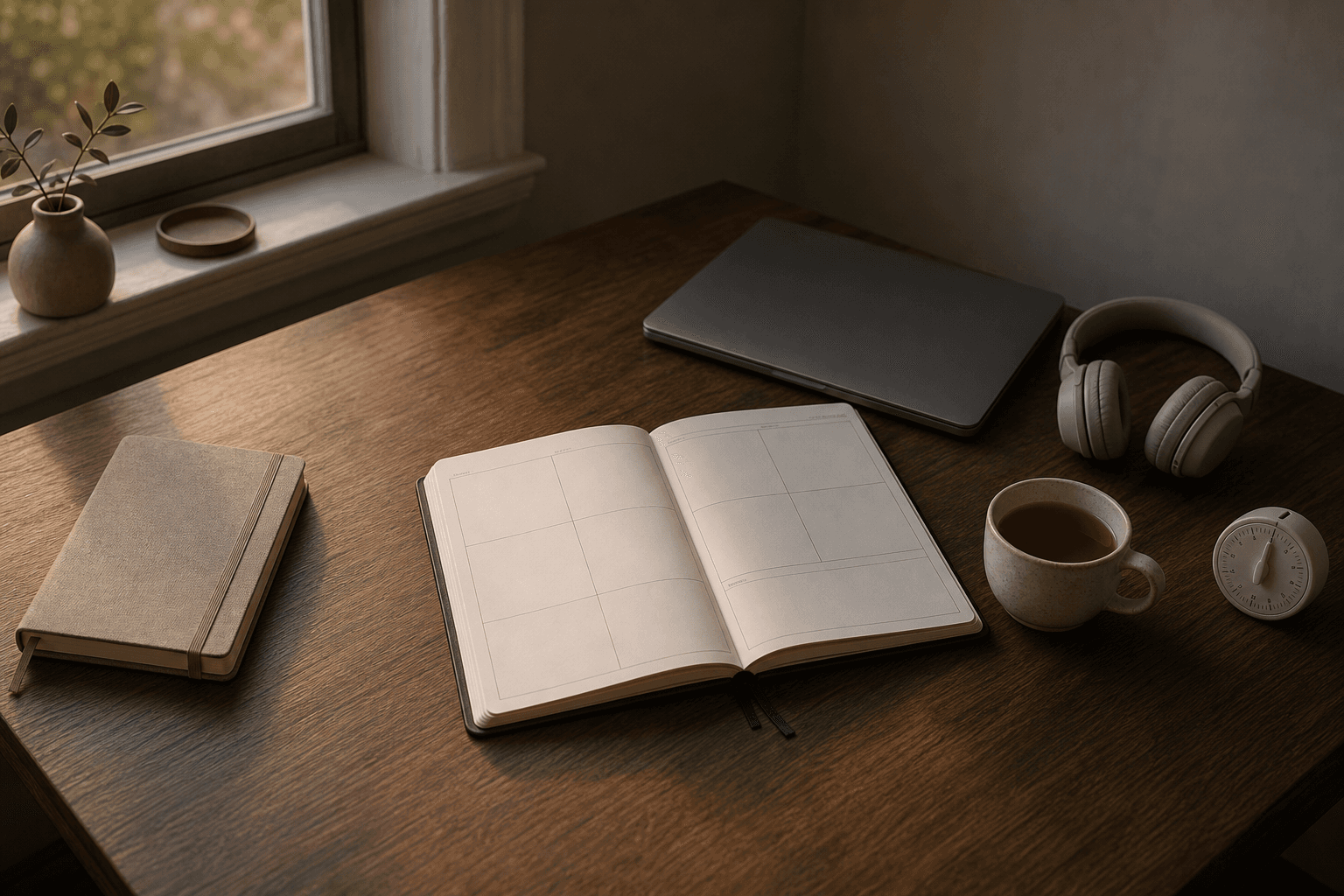 A home desk with a blank weekly planner, laptop, notebook, headphones and timer arranged for short study sessions around work.