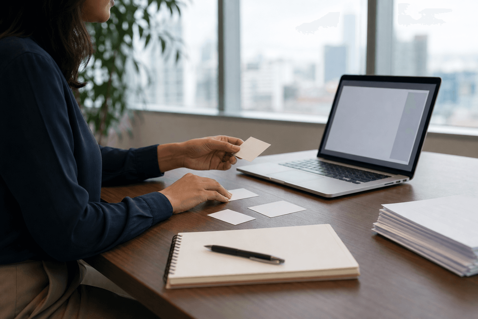 Professional sorting blank work cards between a paper notebook and a laptop before choosing a workflow.