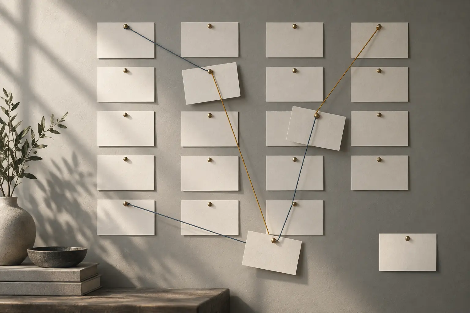 Conceptual wall of blank pinned cards linked by threads with three cards moved between columns, representing a team decision log.