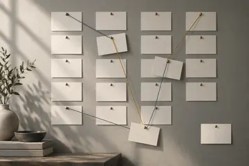 Conceptual wall of blank pinned cards linked by threads with three cards moved between columns, representing a team decision log.