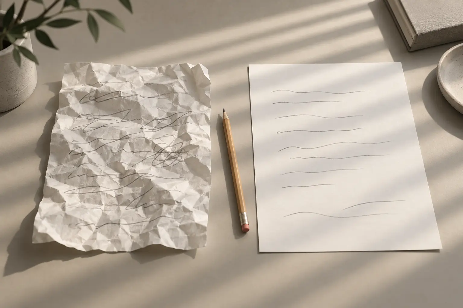 Conceptual still life of a crumpled sheet beside a smooth sheet with illegible marks and a pencil between them.