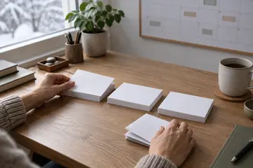 Two hands organising three piles of blank index cards on a desk with a plain year planner behind.