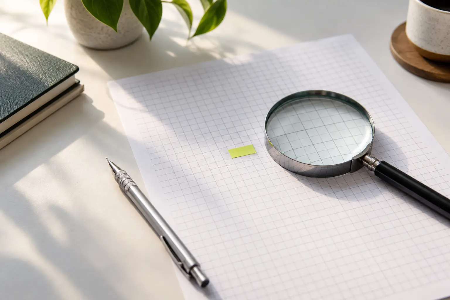 Magnifying glass over a soft-focus printed grid with a sticky flag marking one cell, pencil beside it.