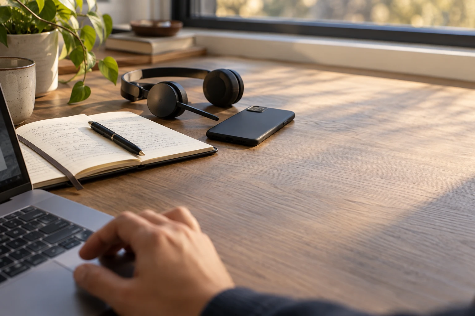 Desk after a client call with a face-down phone, headset, notebook and a hand pausing before typing a follow-up.