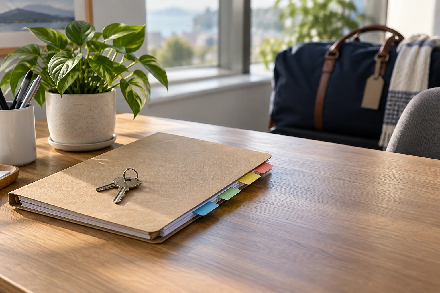 Handover folder with blank coloured tabs and office keys on a tidy desk, with a travel bag blurred in the background.