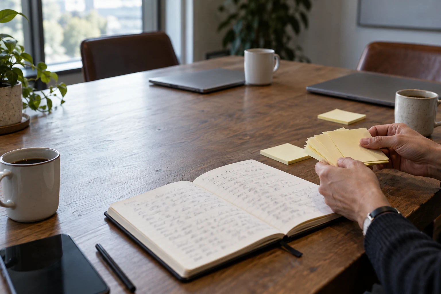 Meeting-room table after a call with a shorthand notebook, blank sticky notes being sorted by hand and closed laptops.