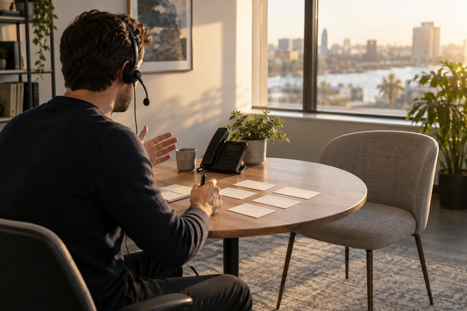 Person with a headset rehearsing a sales call at a small table with blank index cards and an empty chair opposite.