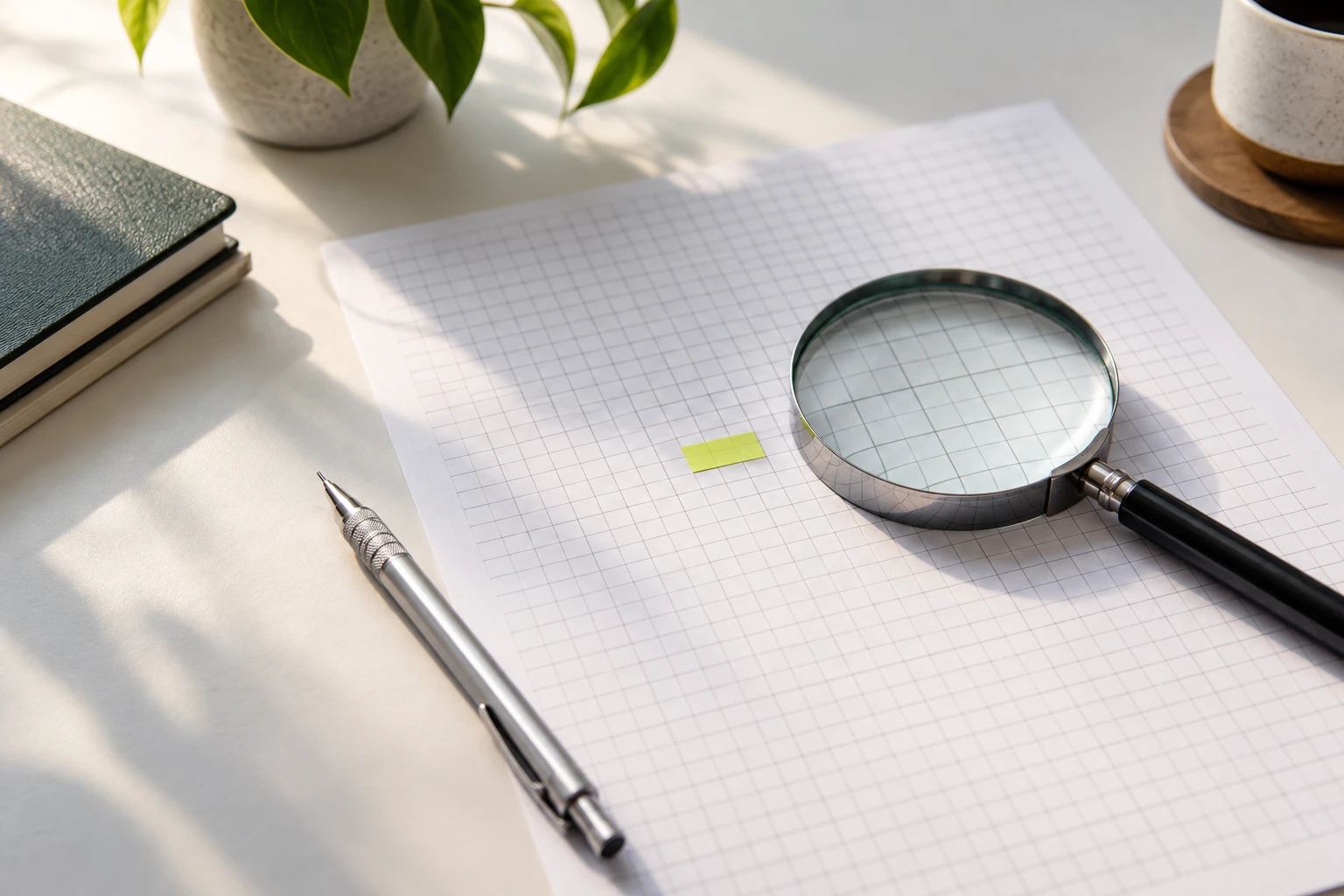 Magnifying glass over a soft-focus printed grid with a sticky flag marking one cell, pencil beside it.