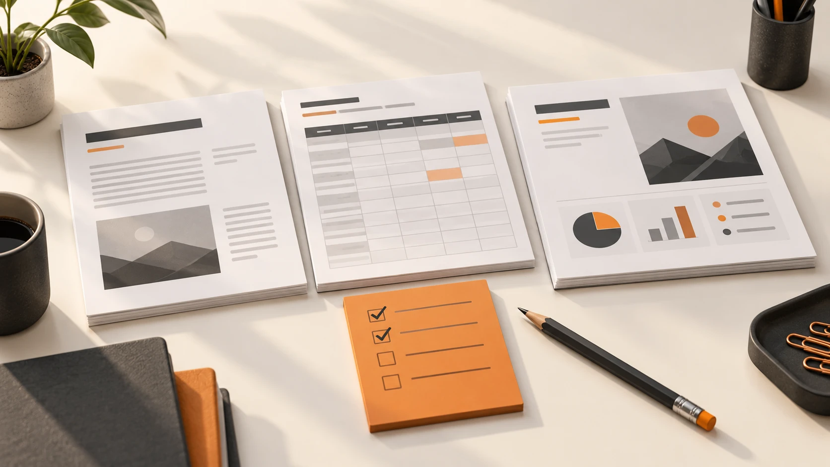 Illustration of a work brief, data spreadsheet and presentation being checked on a desk