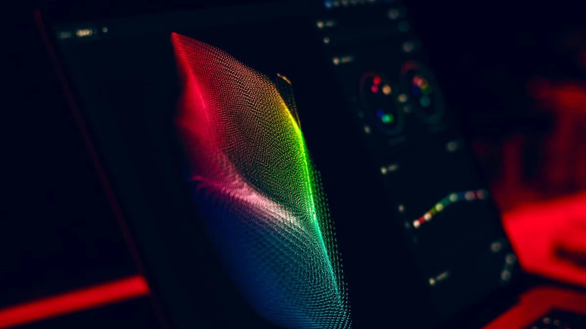 Close-up of vibrant digital art in red, green, and blue displayed on a monitor screen.