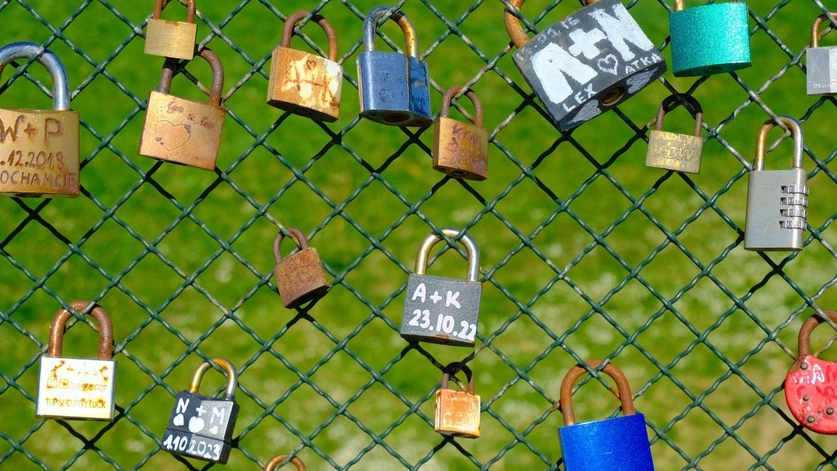 Colorful love padlocks on a mesh fence symbolizing connection and protection.