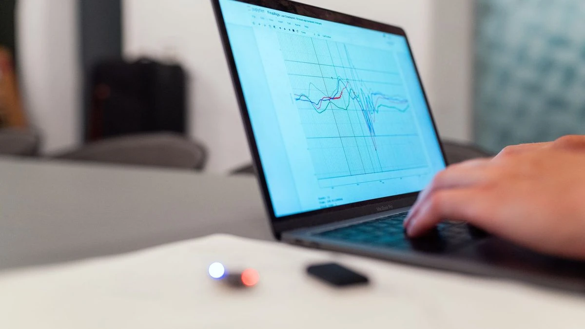 A person working on a graph analysis on a laptop for data monitoring and research.