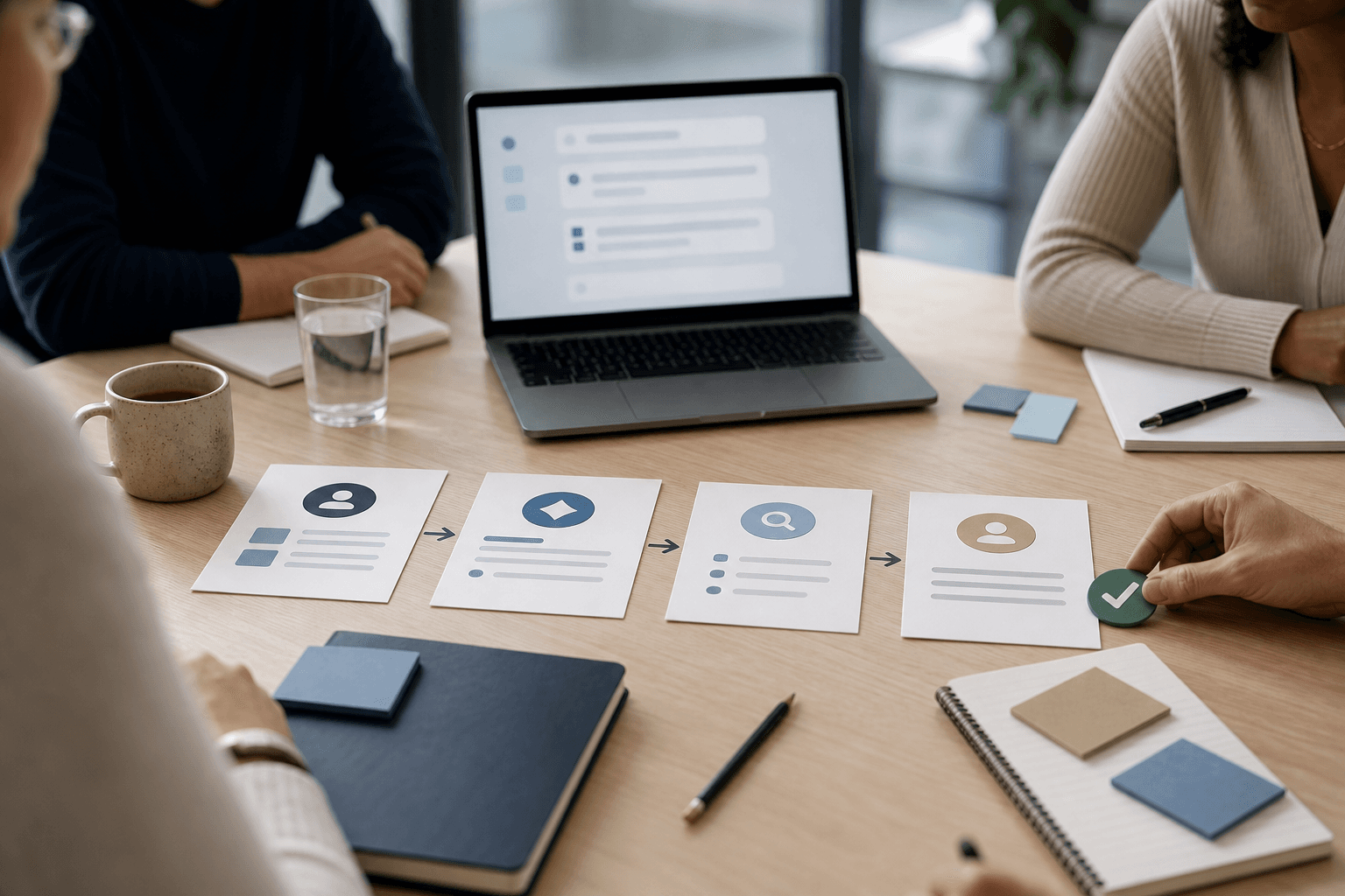 Professionals reviewing a structured AI prompt workflow with context cards, checks and a human approval stage.
