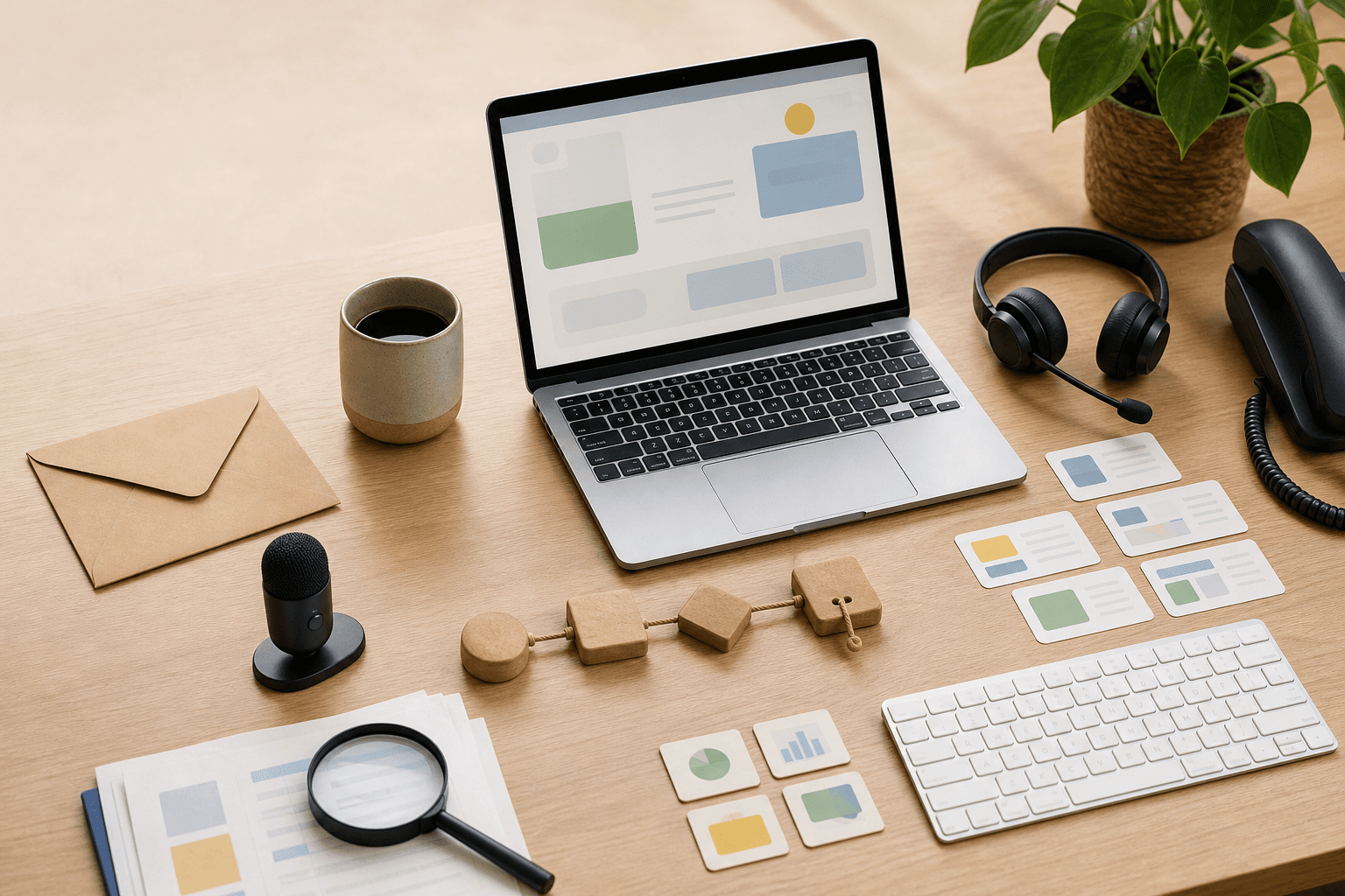 Conceptual desk arrangement showing eight AI-agent work categories around a central laptop in a contemporary Brazilian office setting.