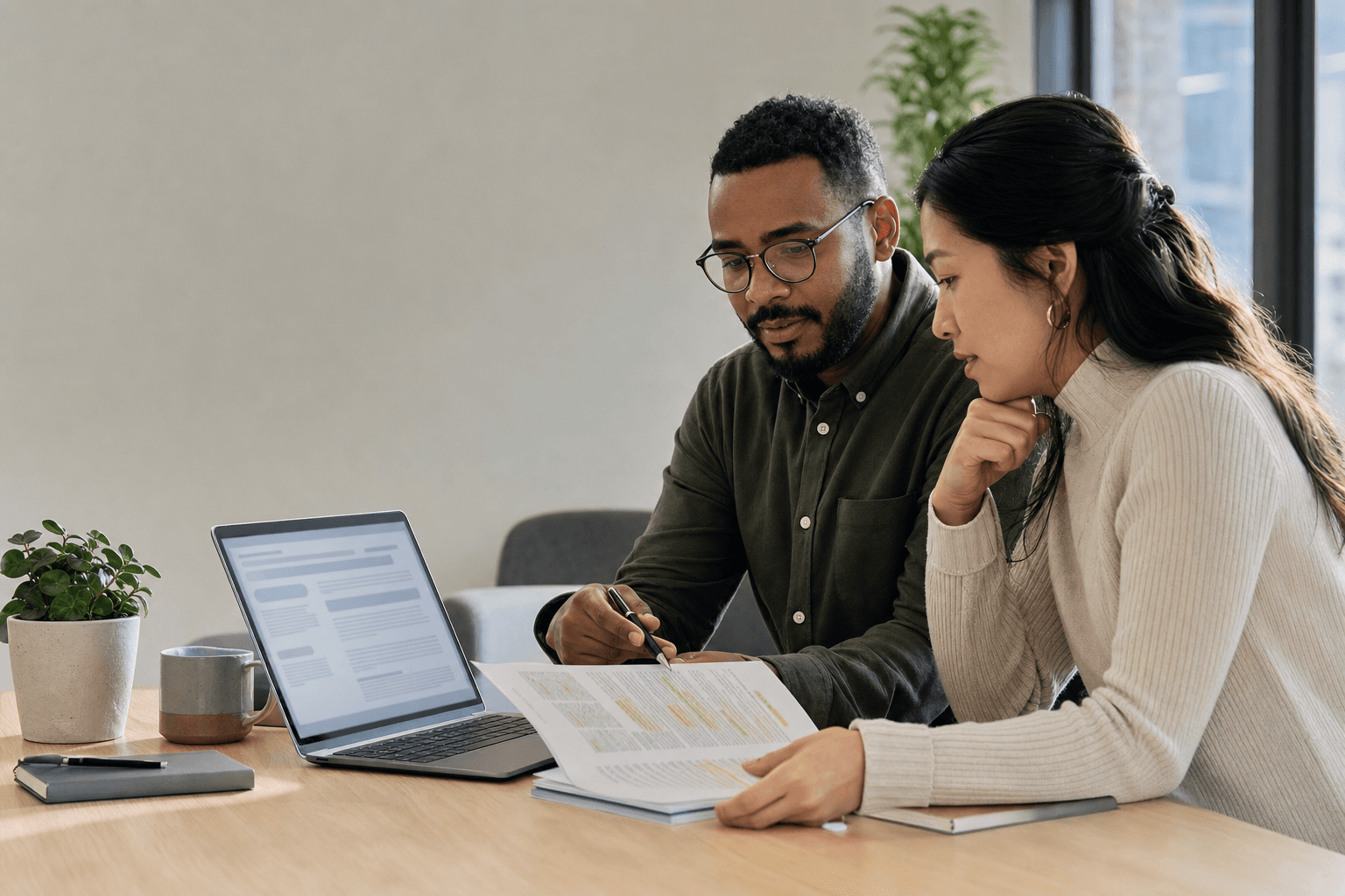 Two office professionals compare an AI draft on a laptop with an authoritative printed policy before approval.