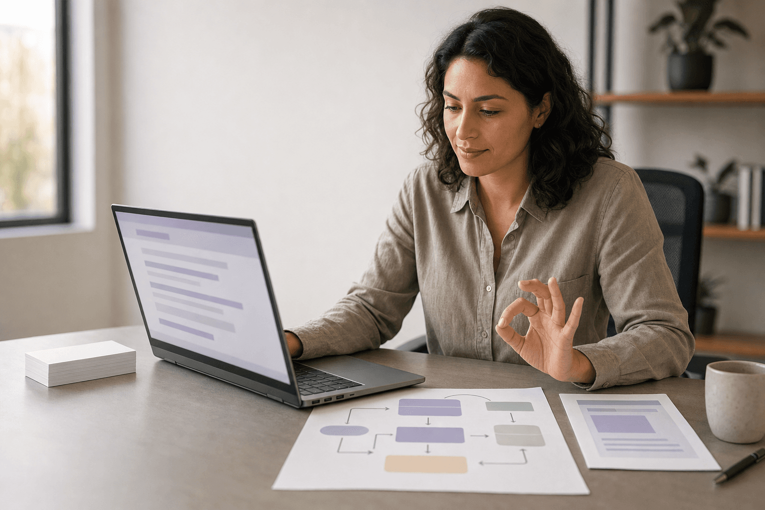 Professional reviewing a draft-only AI agent workflow at a desk with bounded inputs and a human approval pause.