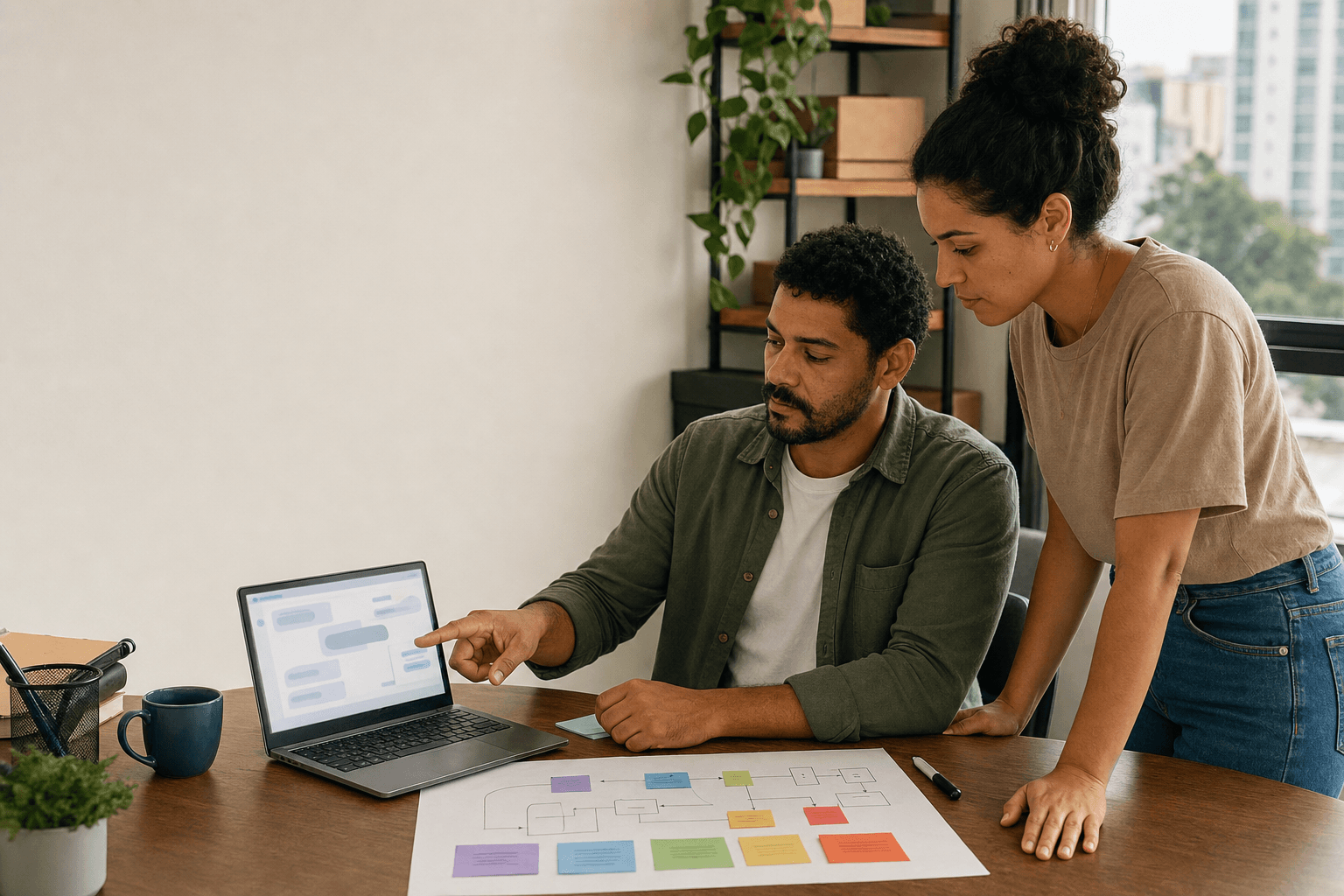 Two small-business colleagues in Brazil reviewing a bounded customer-enquiry workflow on a laptop and paper process map.