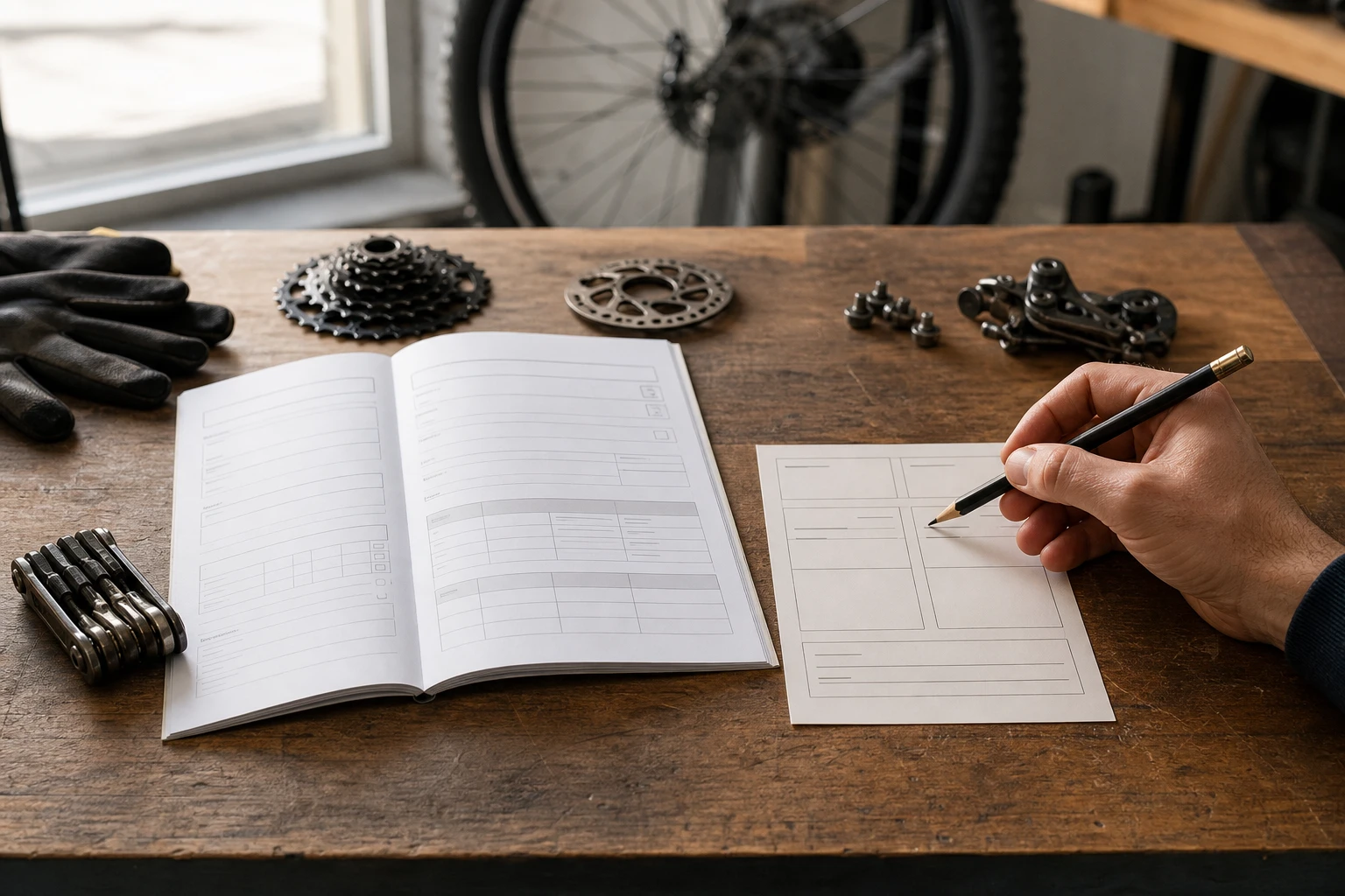 A bicycle repair worker compares an intake form with a structured review card on a workshop bench.