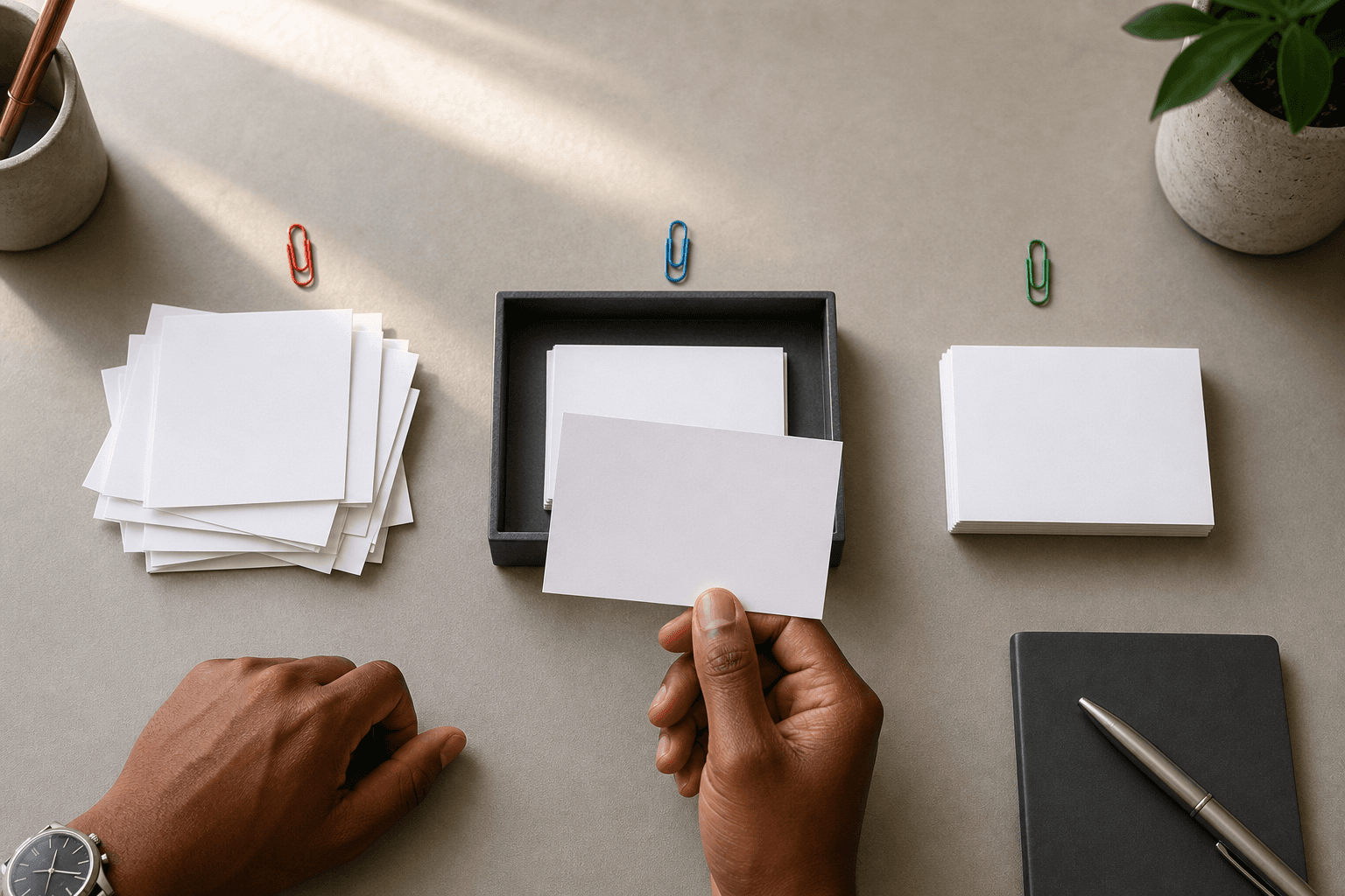Overhead desk with task cards moving from an unsorted stack through human review to an organised completed stack.