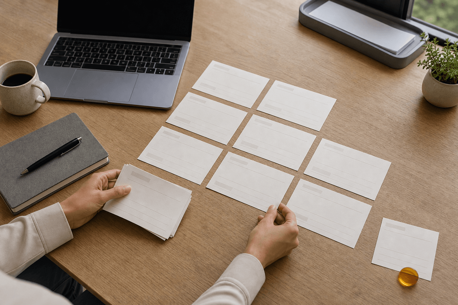 Hands map sales call notes into blank CRM field cards while setting an uncertain commitment aside for review.