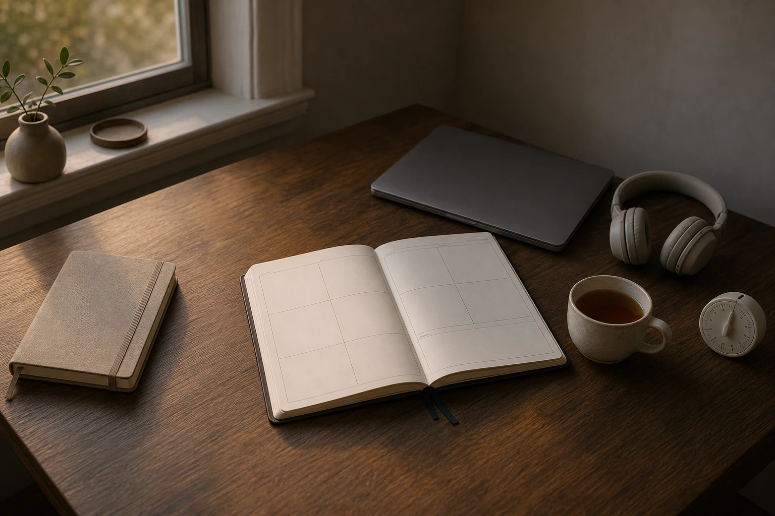 A home desk with a blank weekly planner, laptop, notebook, headphones and timer arranged for short study sessions around work.