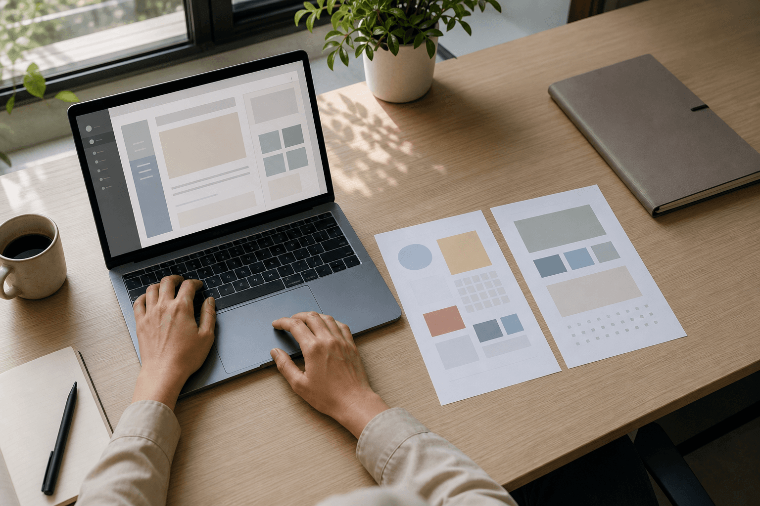 Professional working on a laptop with synthetic sample sheets while a closed company folder remains separate.