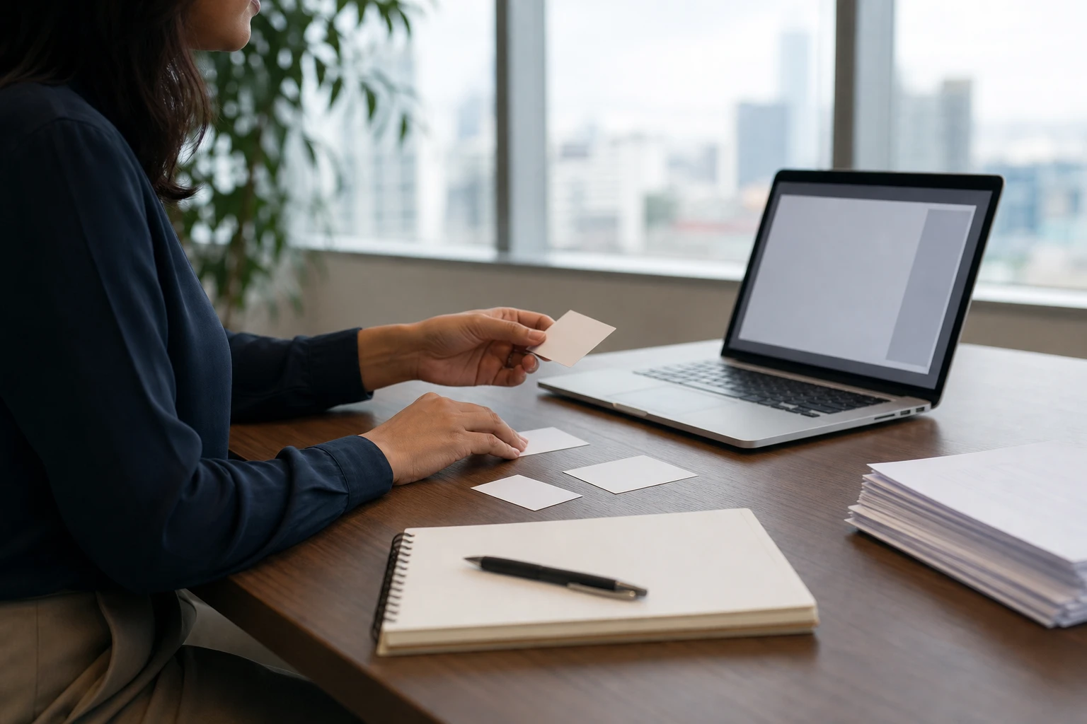 Professional sorting blank work cards between a paper notebook and a laptop before choosing a workflow.