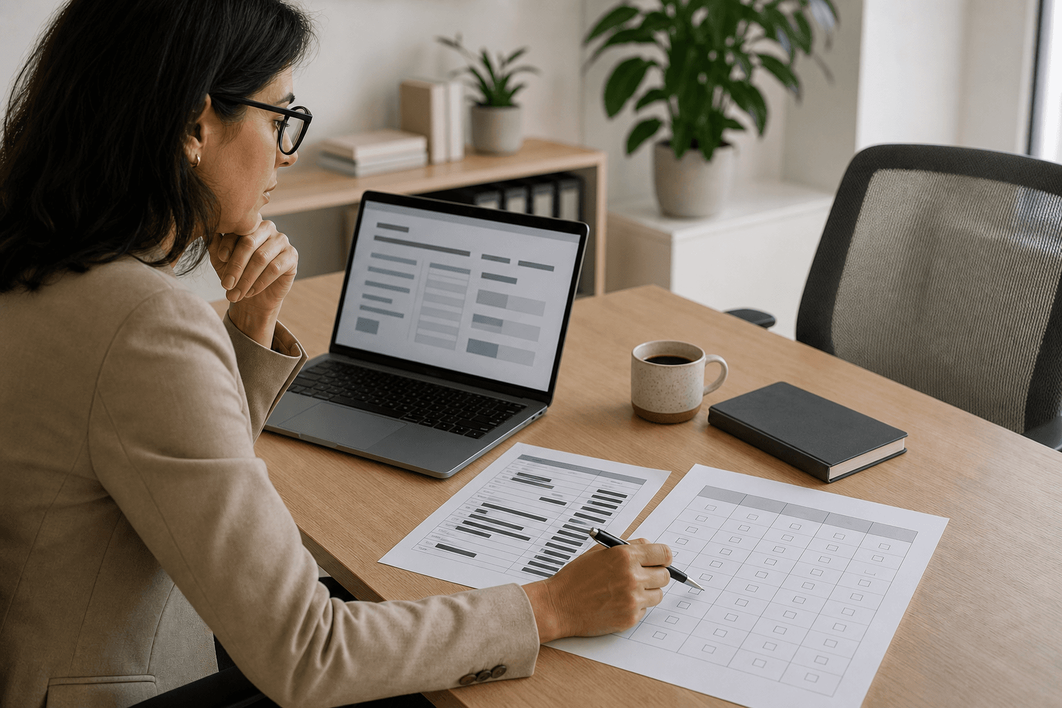 Accountant comparing an AI course evidence checklist with a redacted month-end report on a laptop.