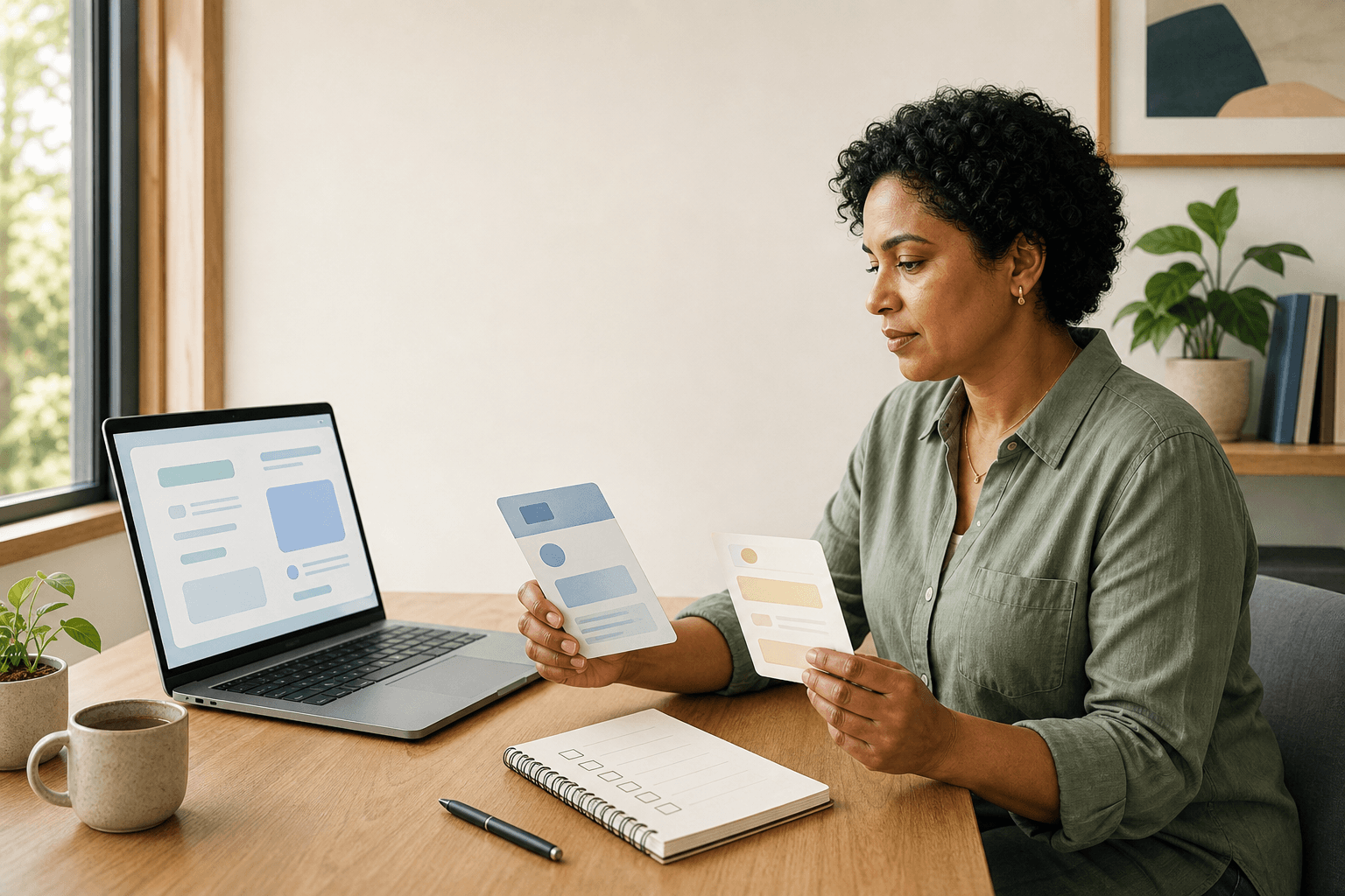 Portuguese-speaking entrepreneur comparing an AI course worksheet with a laptop at a small-business desk