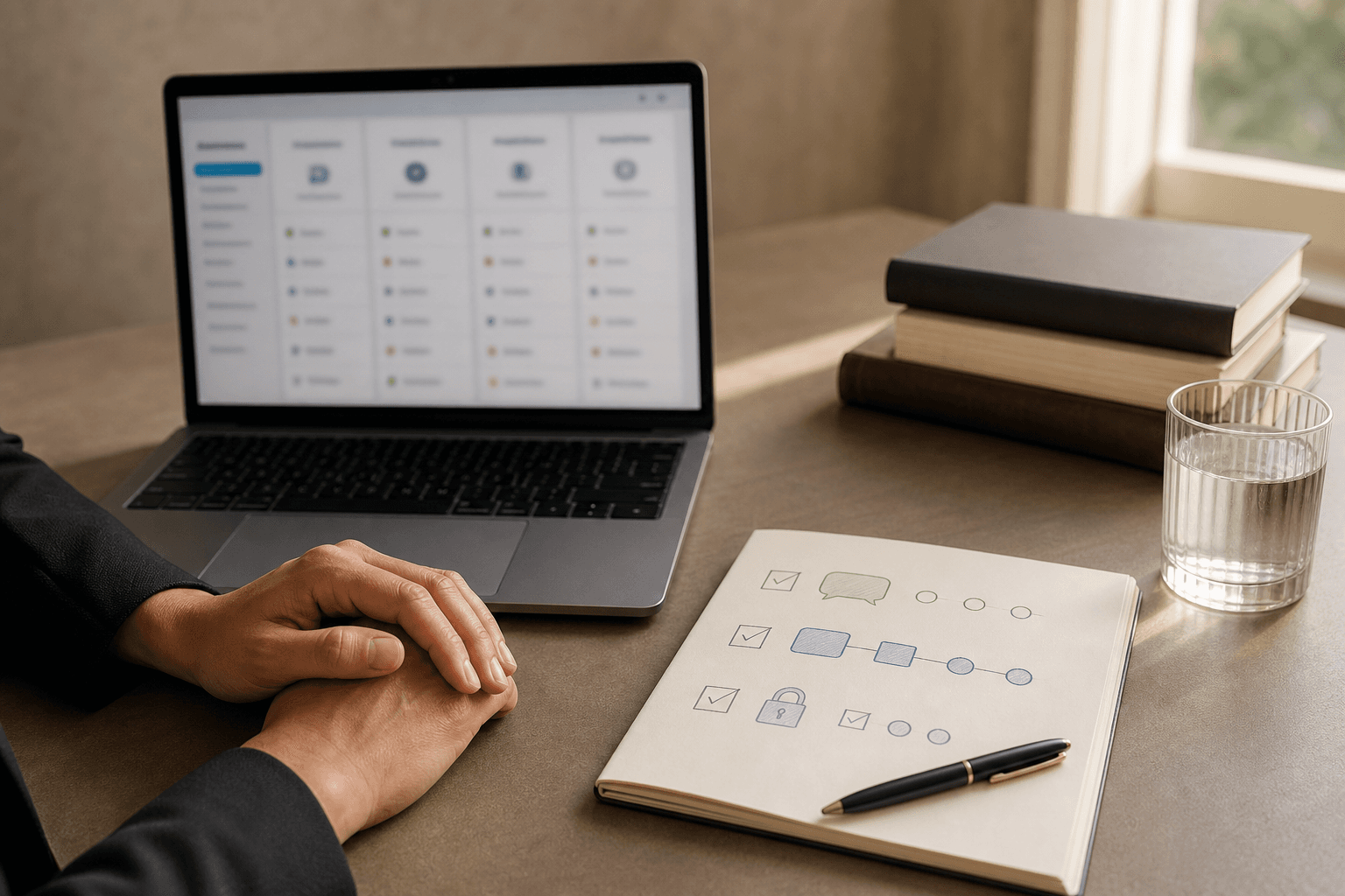 Editorial overhead view of a lawyer comparing an AI course with a language and privacy checklist beside a laptop