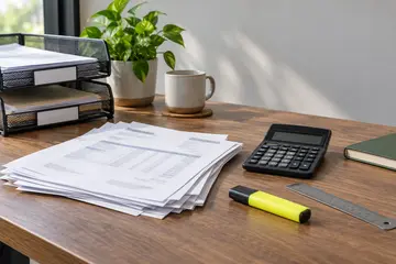 Accounts desk with a stack of blurred paper invoices, a desk calculator and labelled trays for sorted documents.