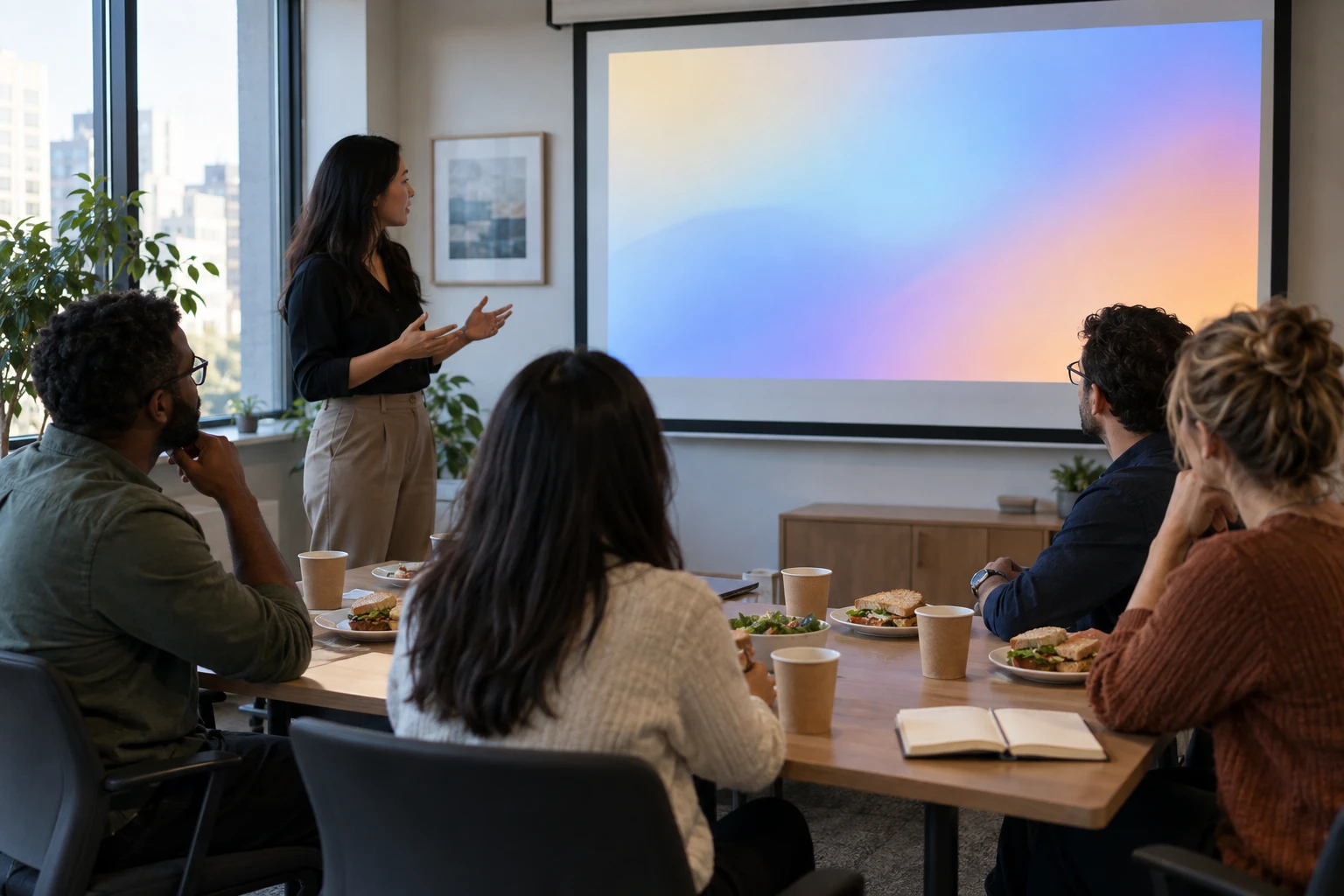 Colleagues at a lunchtime session in a small meeting room facing a projector screen with an abstract gradient.
