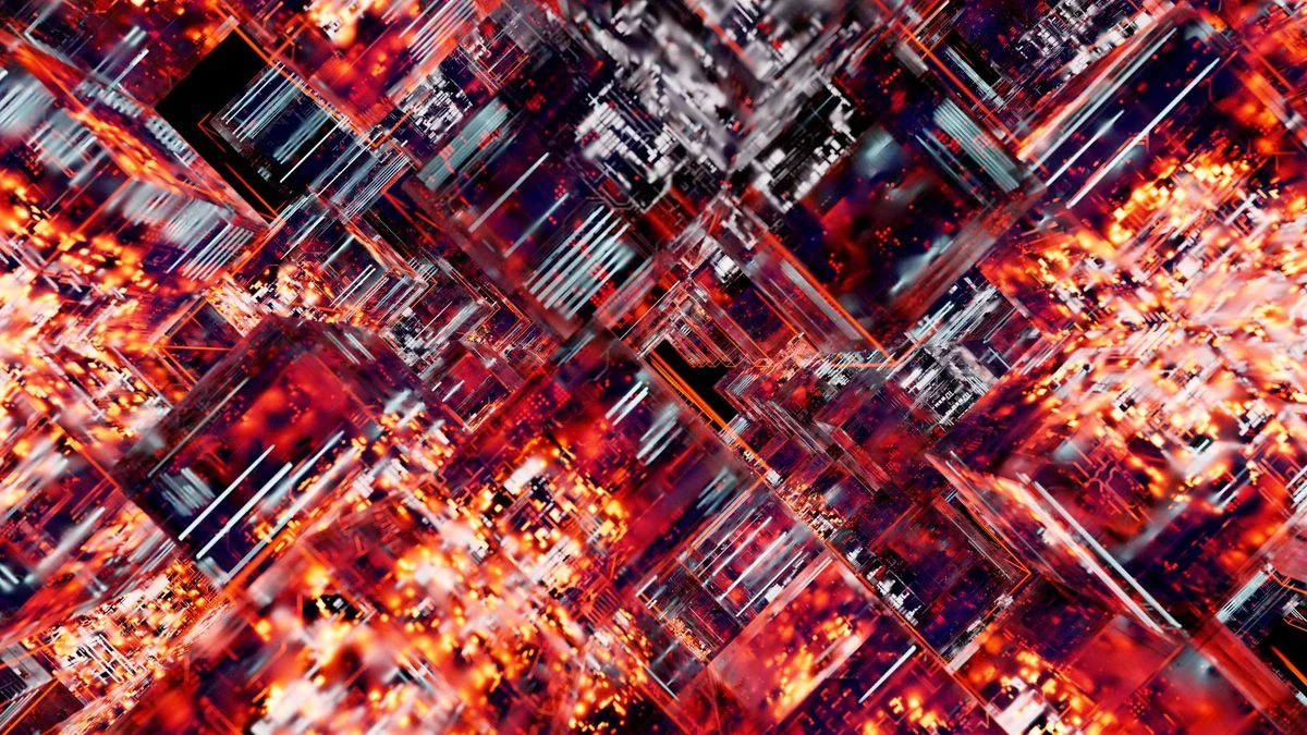 Vibrant abstract digital art showcasing a 3D matrix with LED lights, resembling a futuristic circuit.