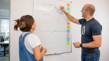 Two colleagues brainstorm marketing strategies on a whiteboard in a modern office setting.
