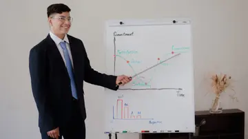 Businessman presenting a graph on a whiteboard, discussing progress and statistics.