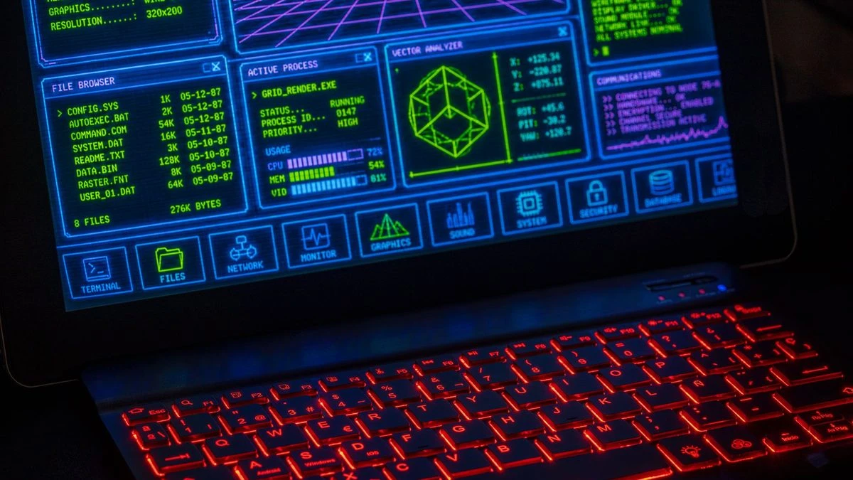 Futuristic digital interface displayed on laptop screen with neon red keyboard.