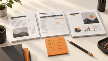 Illustration of a work brief, data spreadsheet and presentation being checked on a desk