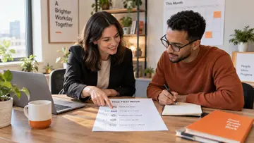 Illustration of two colleagues reviewing a first-week onboarding checklist together