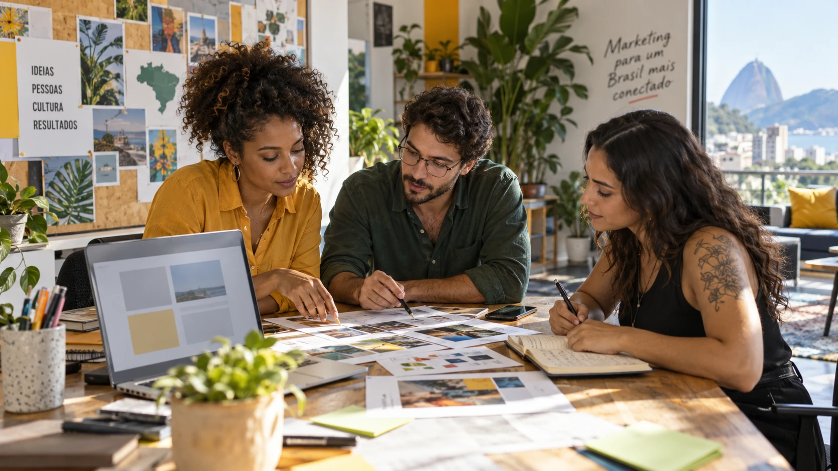 Illustration of a marketing team reviewing a campaign brief and storyboard in a shared workspace