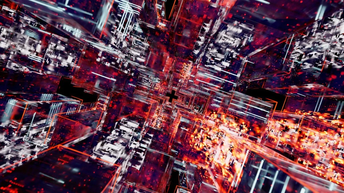 Explore the vibrant and dynamic world of a futuristic digital matrix with glowing elements.