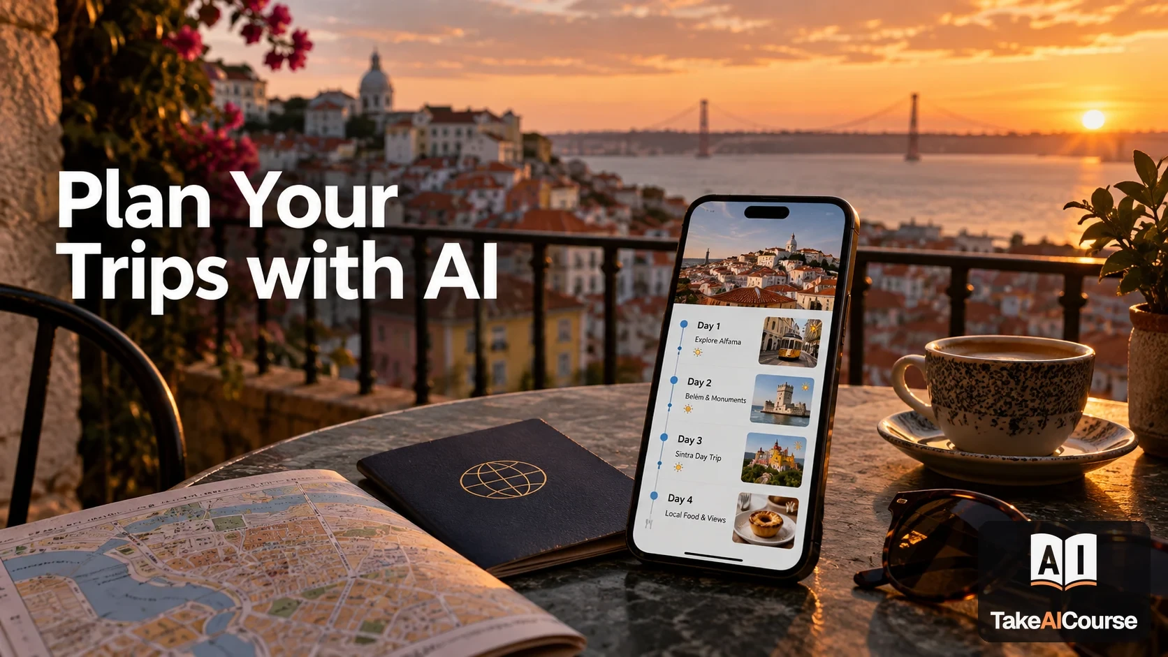 Plan Your Trips with AI — Travel course cover on TakeAICourse.com